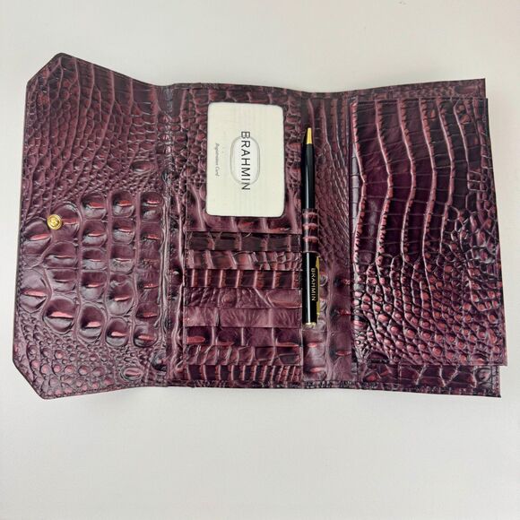 Brahmin Cordelia Trifold Wallet Checkbook in Fig Jam Croc Embossed Leather NEW - Picture 3 of 13